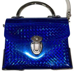 90s/y2k Blue Holographic/Prismatic Vinyl PVC Box Purse w metal handle/ac…